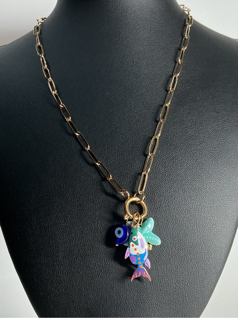 Gold Link Necklace with Blue Fish, Starfish & Evil Eye Charms by Mayamar